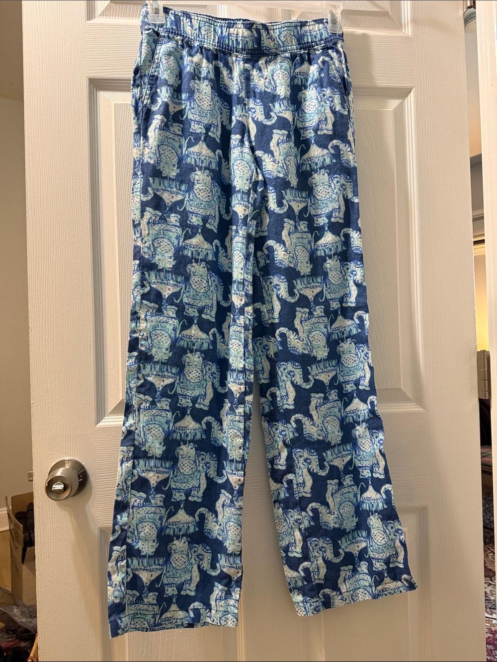 Lilly Pulitzer Blue Elephant Print Straight Leg Linen Pants